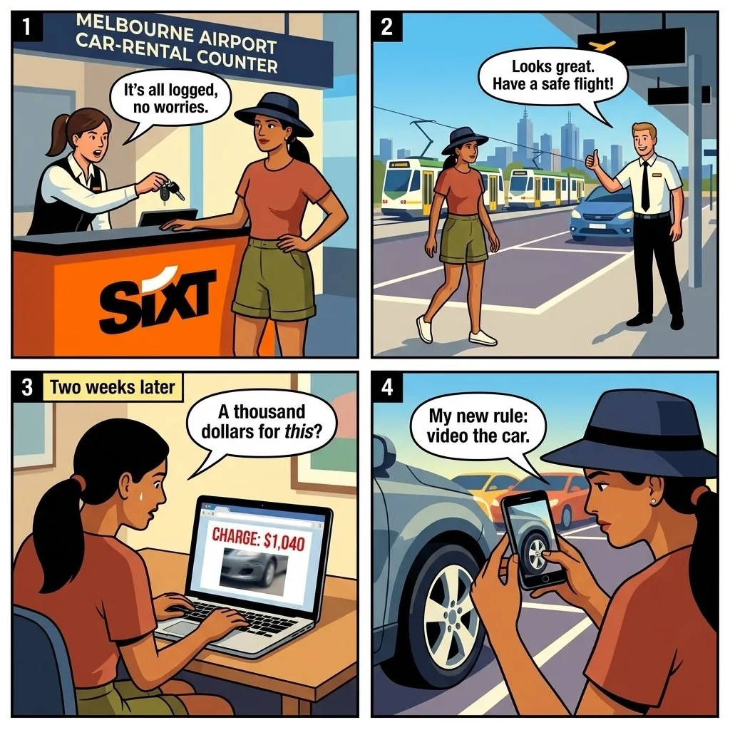 SIXT / Budget Phantom Rental-Car Damage Claim — comic illustration