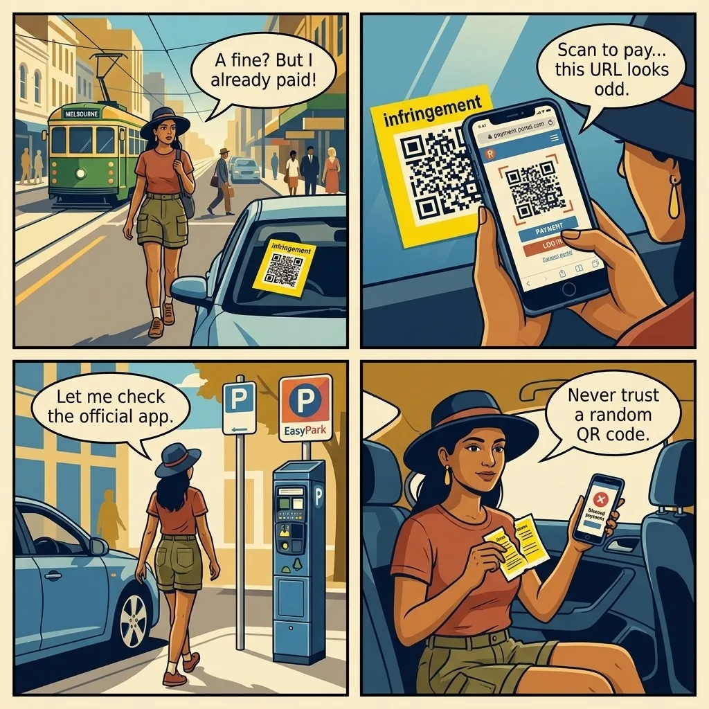 Fake QR-Code Parking Ticket Sticker Scam — comic illustration