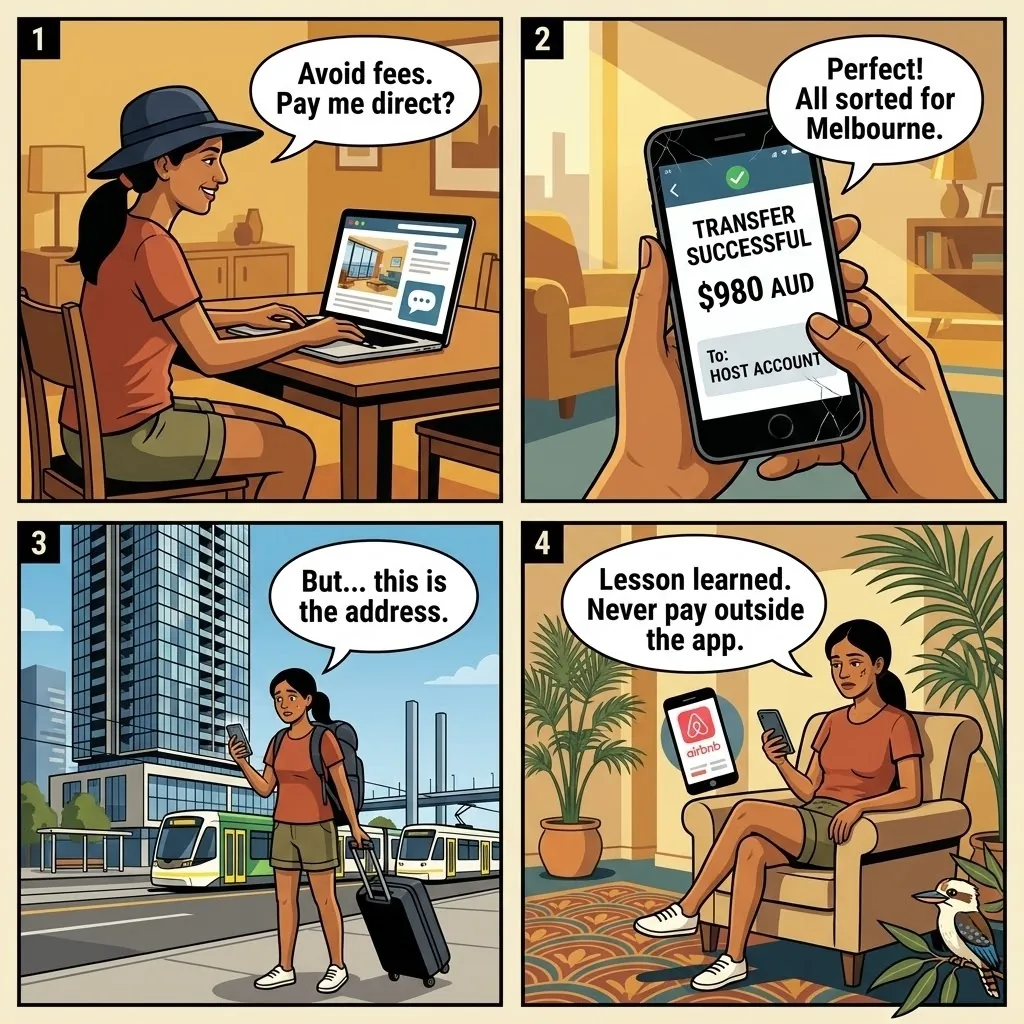 The Docklands / CBD Airbnb Bank-Transfer Trap — comic illustration