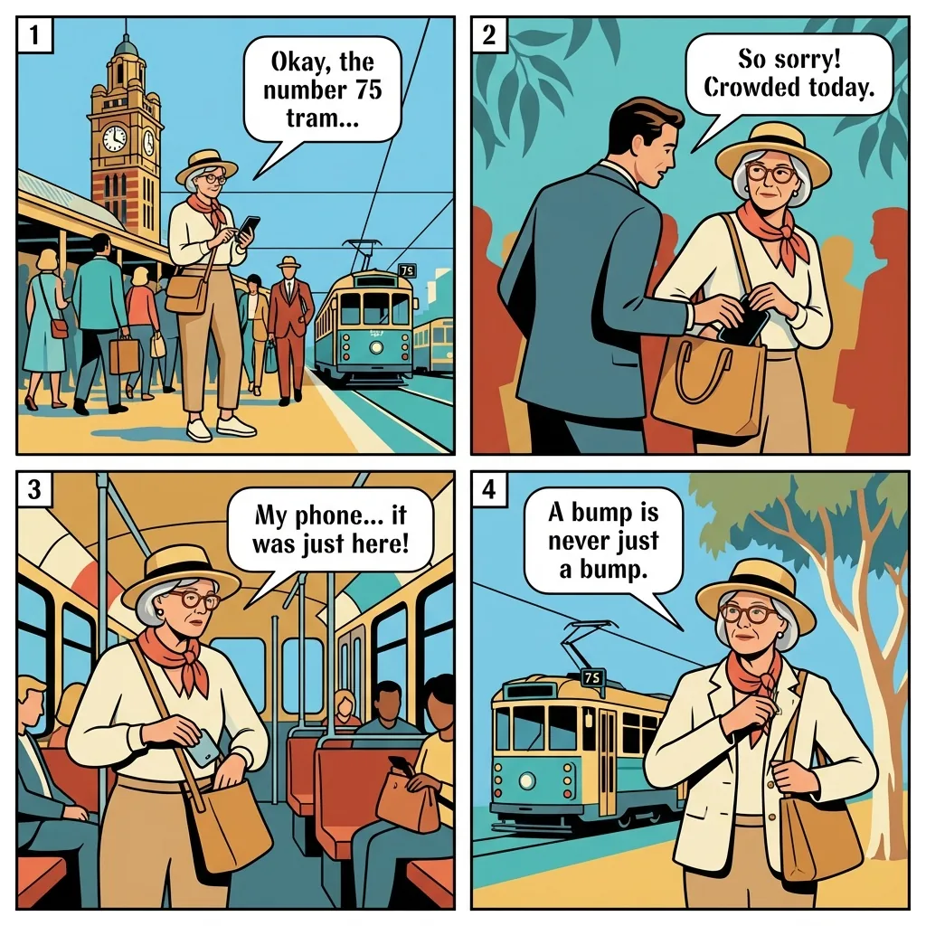 Flinders Street / CBD Tram Pickpocket & Tab Bait — comic illustration