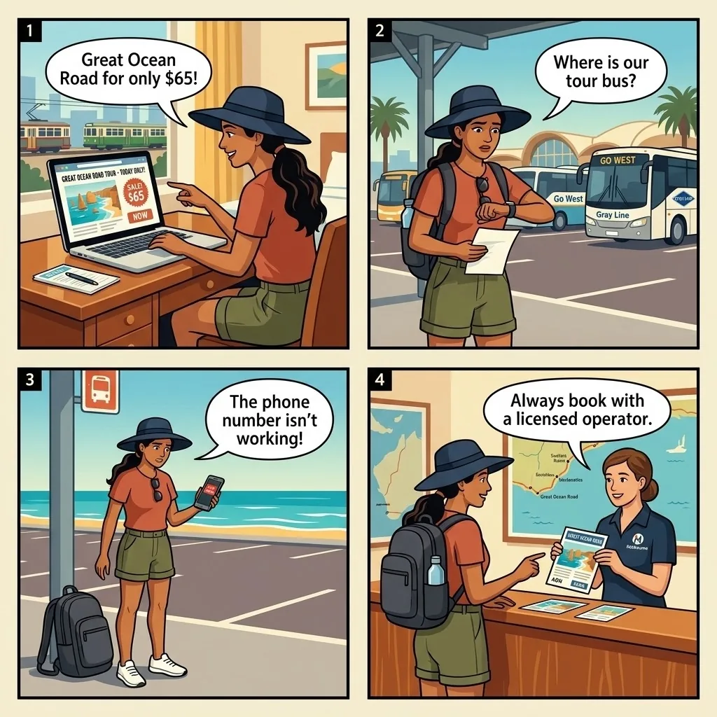 Great Ocean Road 'Day Tour' Fake Booking Scam — comic illustration