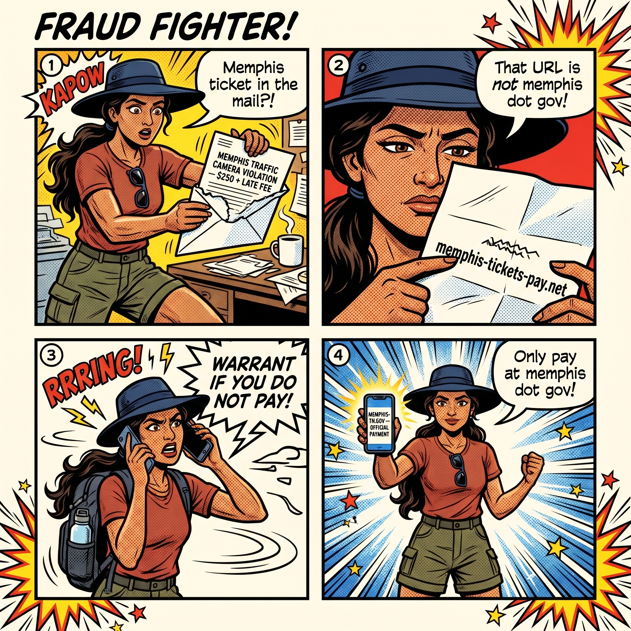 Memphis Red-Light Camera & Fake Traffic Ticket Mail Scam — comic illustration