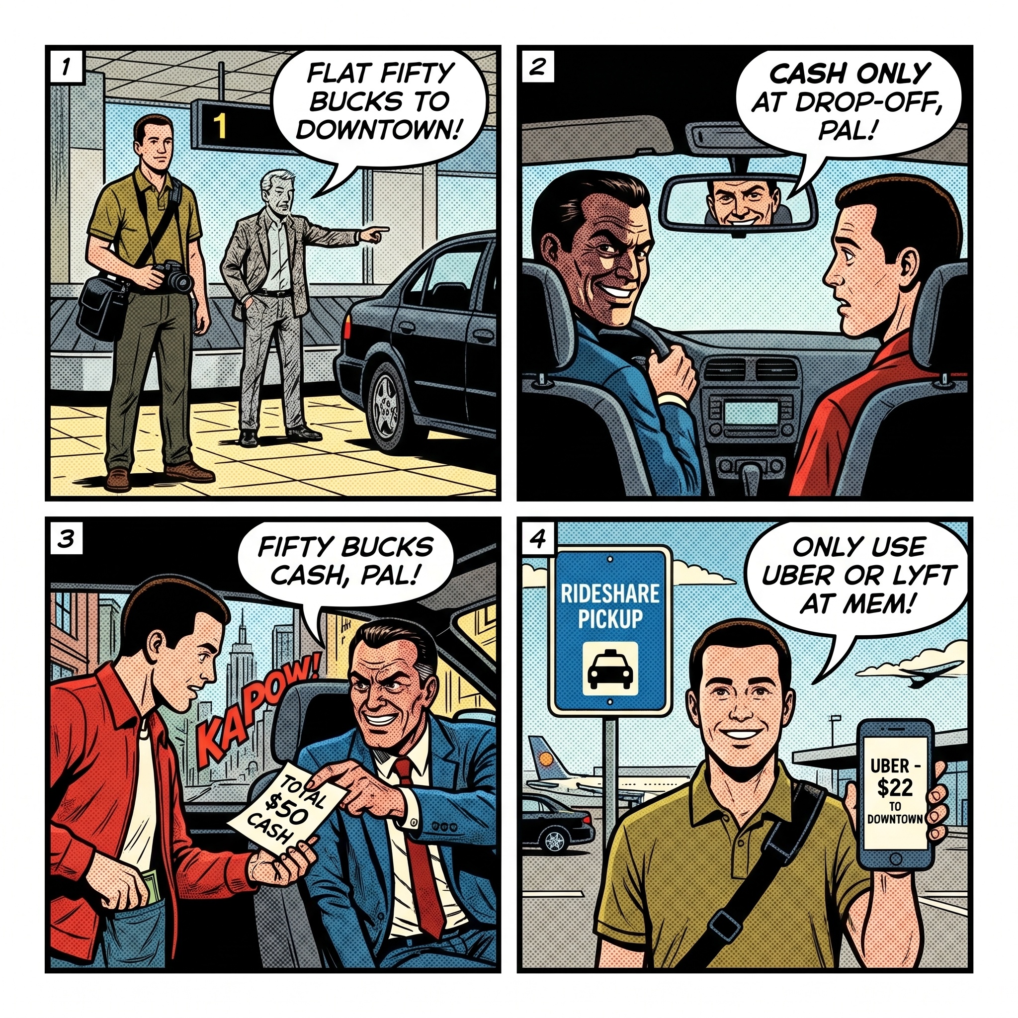 Memphis MEM Airport Rideshare & 'Early Morning Uber' Scam — comic illustration