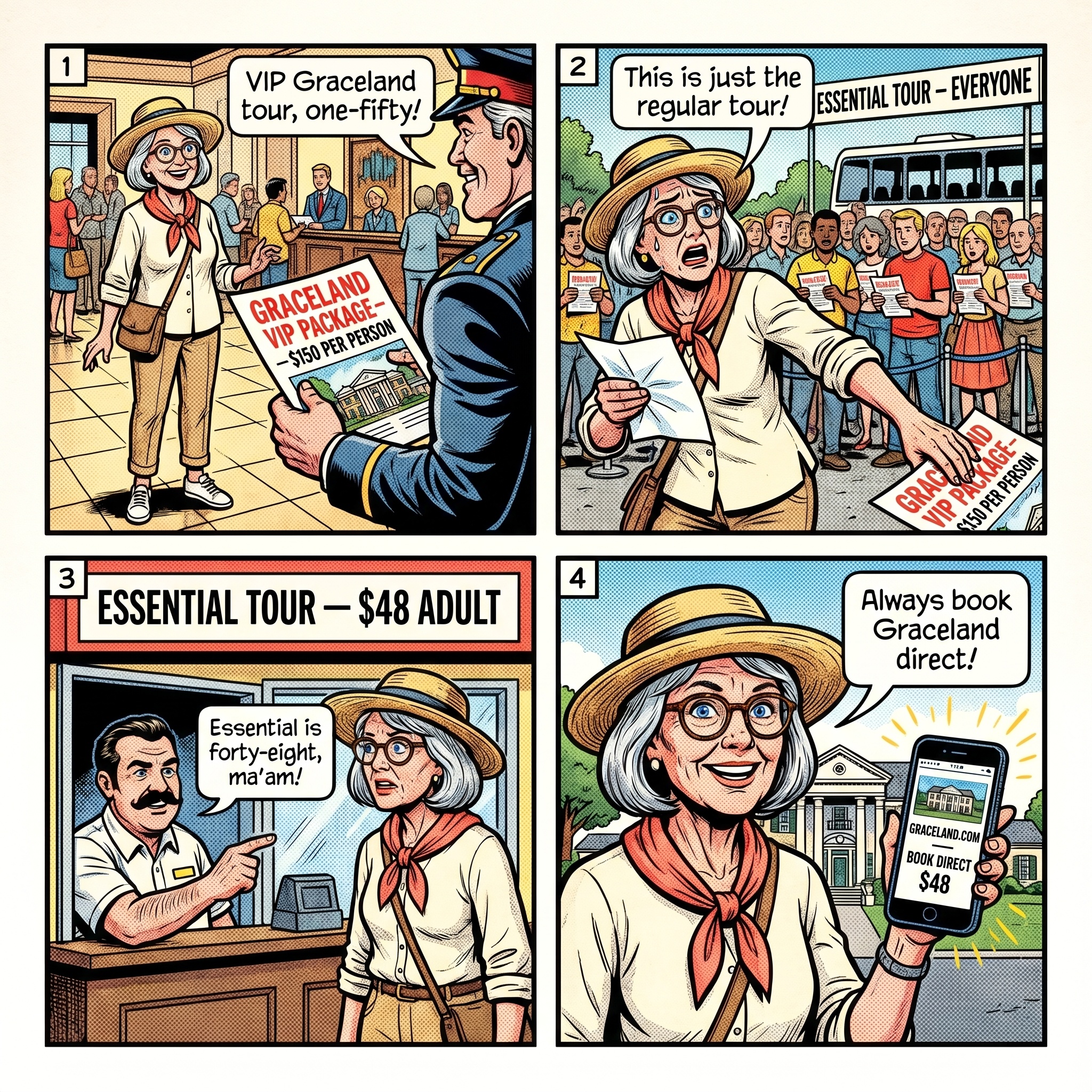 Graceland Tour Package Upsell & Historic-Site Ticket Scam — comic illustration