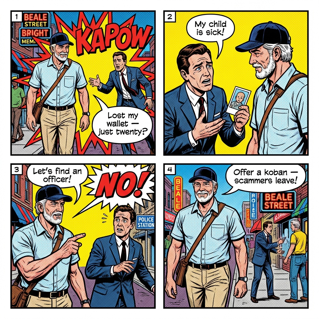 Memphis Downtown Panhandling, Gold Chain Hustle & Beale Street Aggress — comic illustration