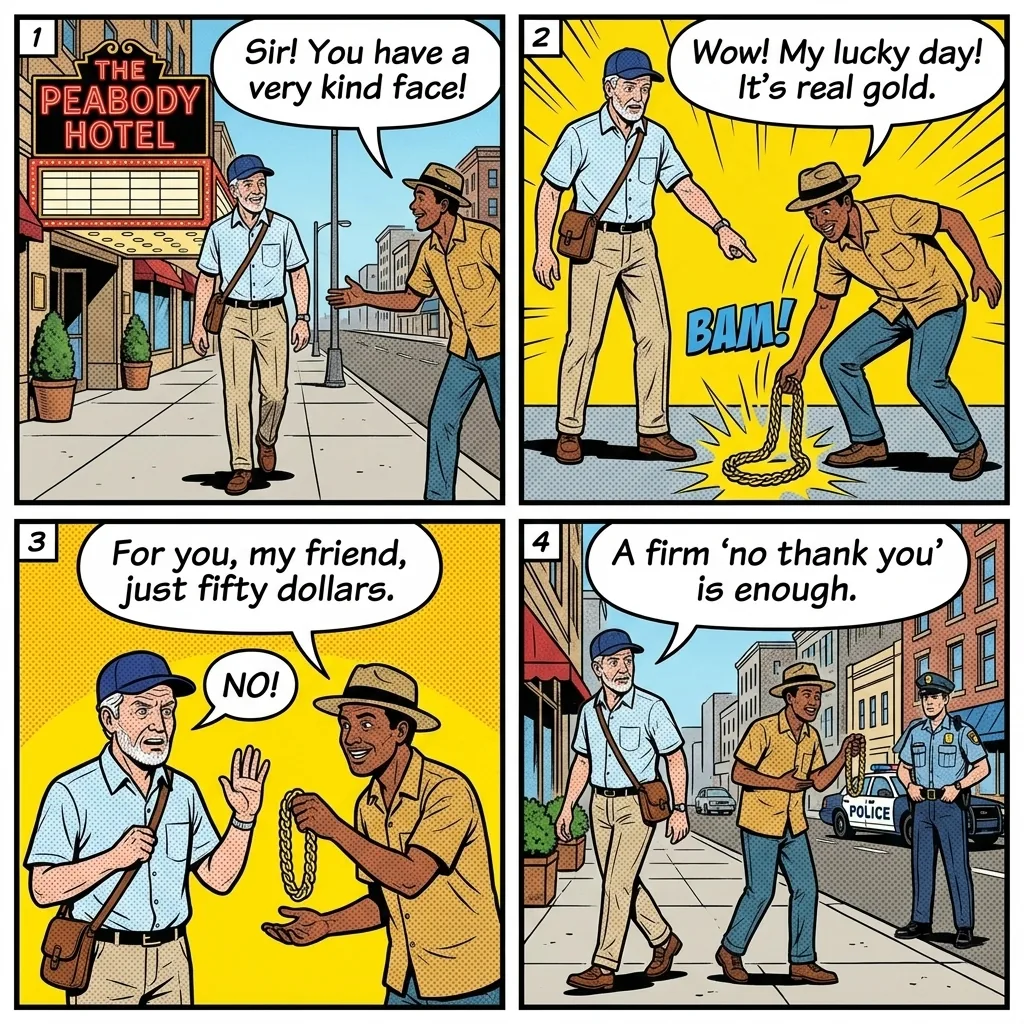 Memphis Downtown Panhandling, Gold Chain Hustle & Beale Street Aggress — comic illustration