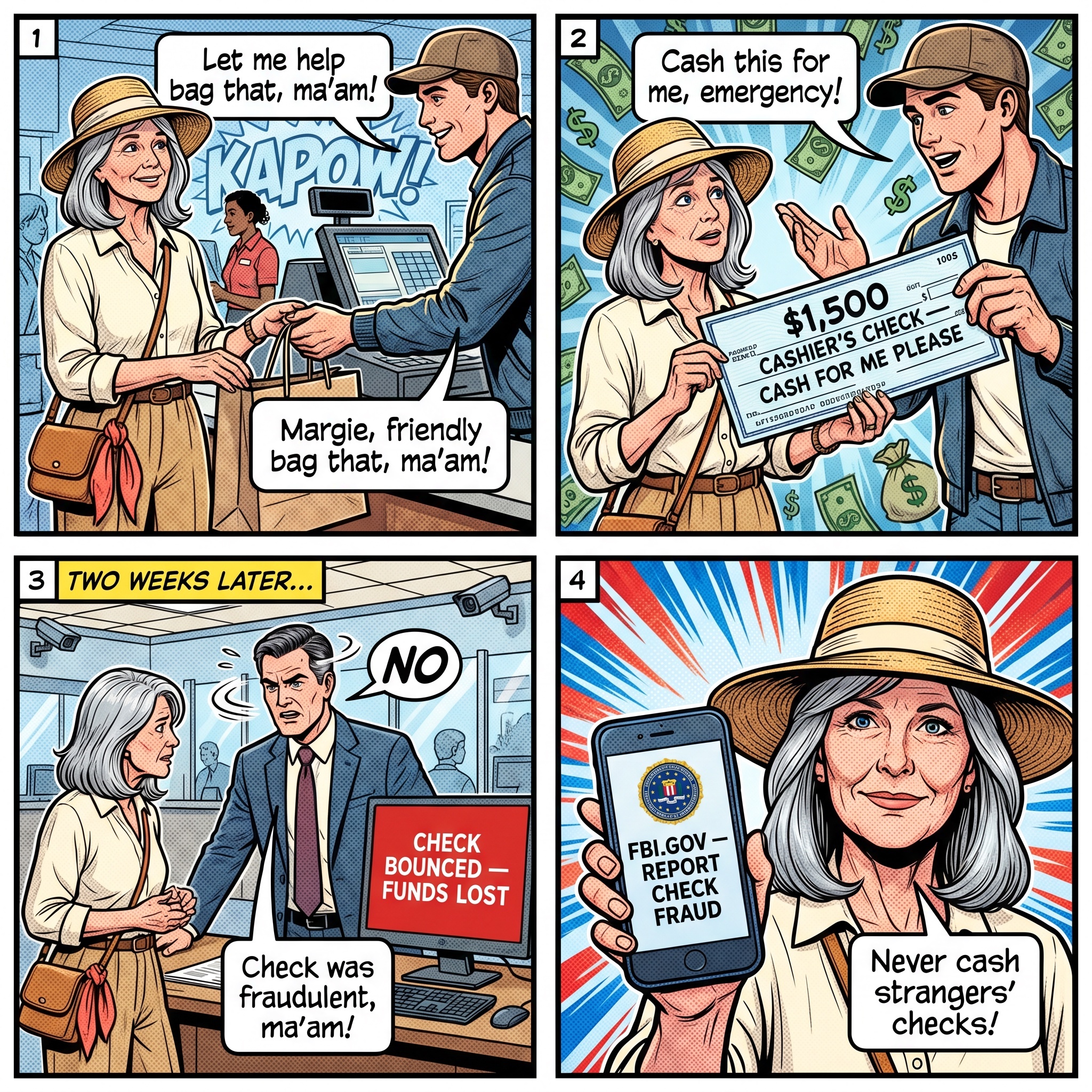 Memphis 'Wolfchase' Mall & Suburban Retail-Area Check Scam — comic illustration