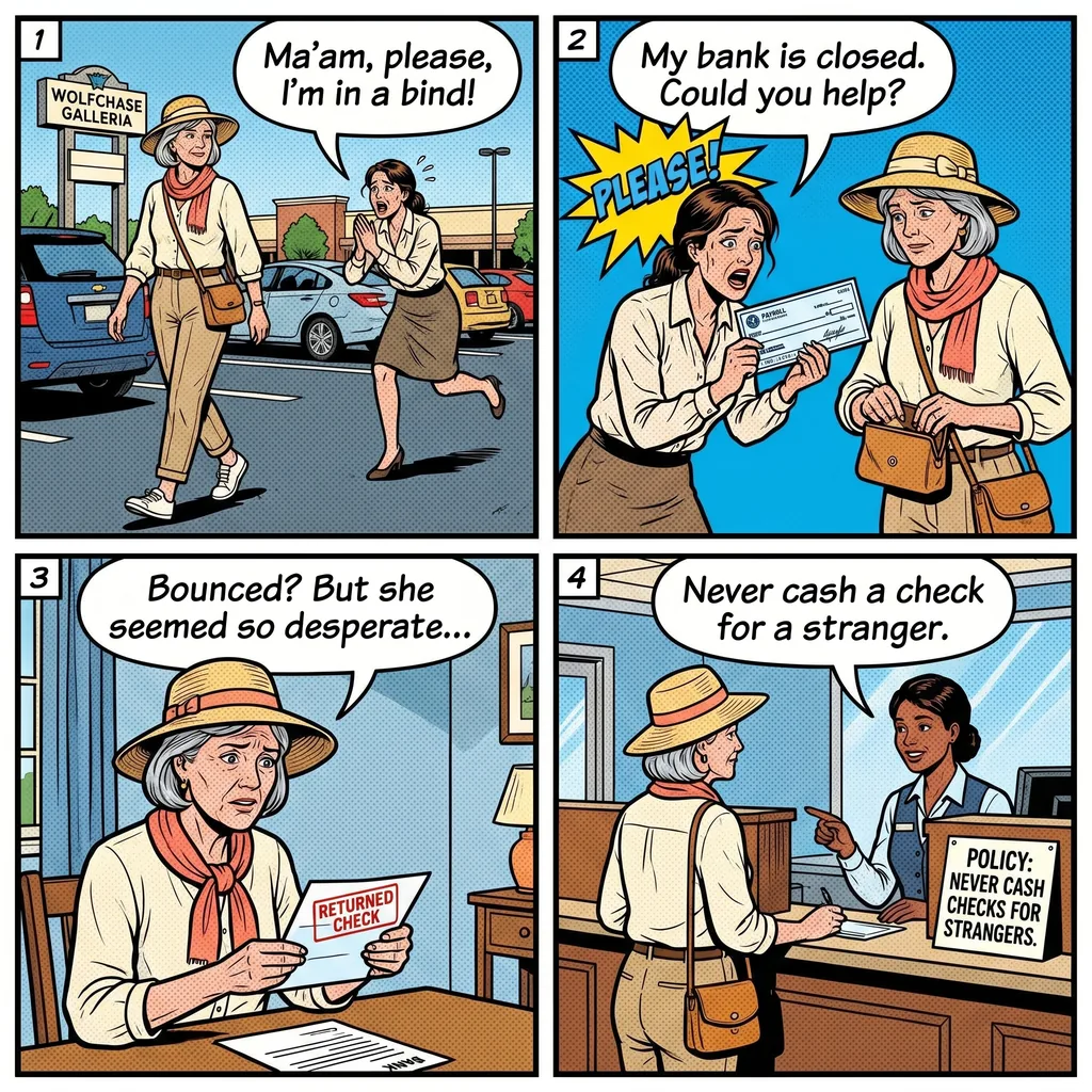 Memphis 'Wolfchase' Mall & Suburban Retail-Area Check Scam — comic illustration