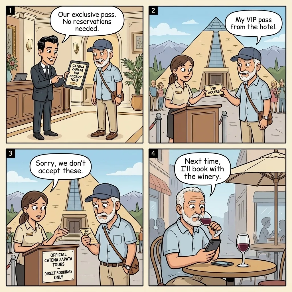Mendoza Wine Tour Operator Overcharge & 'Fake Bodega Skip-the-Line' — comic illustration