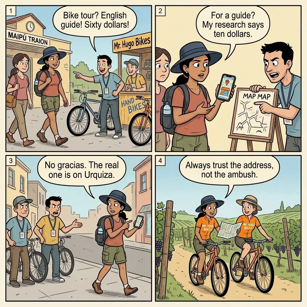 Mendoza Maipú Bike-Wine-Tour Overcharge & Safety — comic illustration