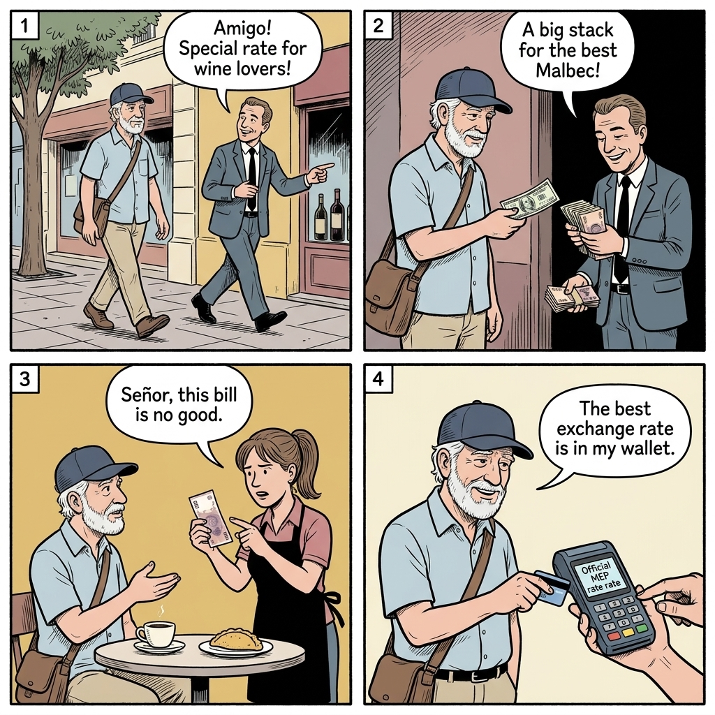 Mendoza Peatonal Sarmiento cambio tout counterfeit peso scam comic: man in baseball cap with calculator app falls in step beside tourist on pedestrian shopping strip