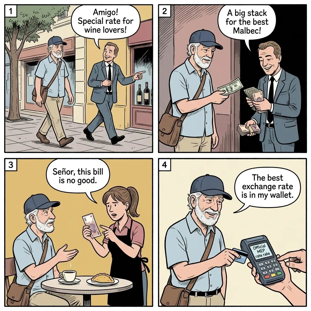 Mendoza 'Cambio' Touts & Counterfeit Peso Exchange — comic illustration
