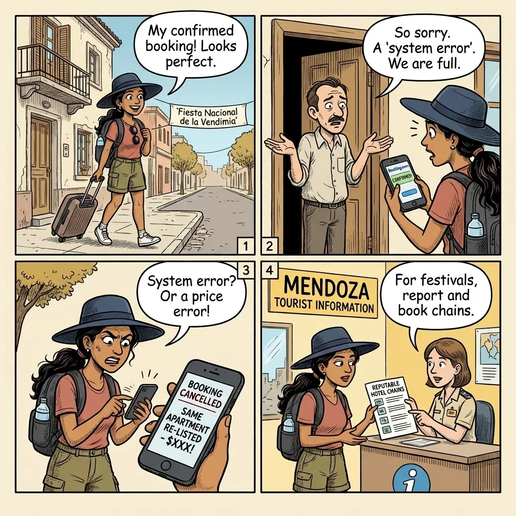 Mendoza Vendimia  Hotel & STR Booking Fraud — comic illustration