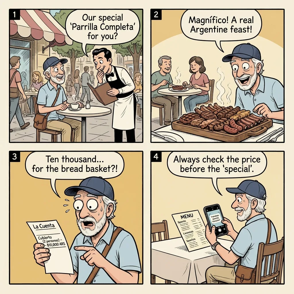 Mendoza Restaurant Bill-Padding & Tourist-Menu Overcharge — comic illustration