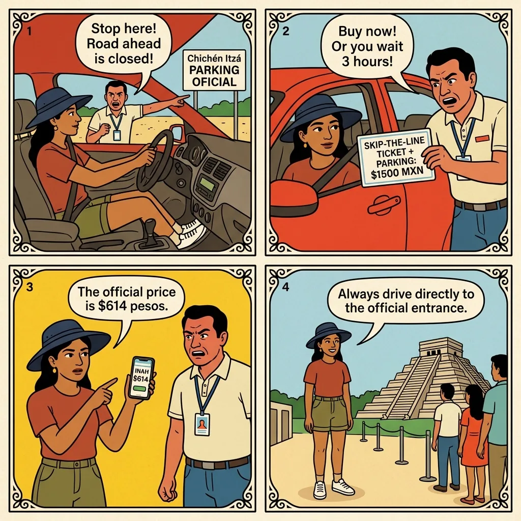 Chichén Itzá 'Skip-the-Line' Fraud — comic illustration