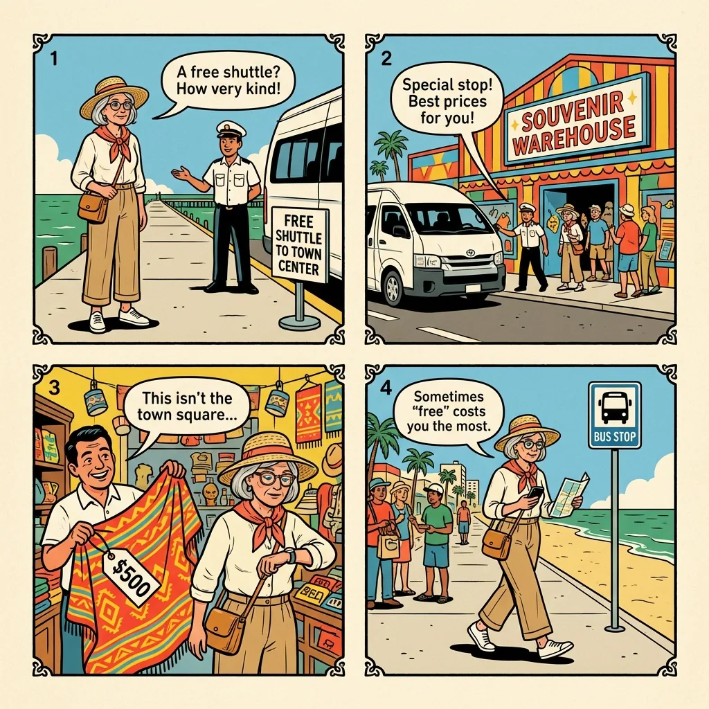 Progreso Cruise-Pier Shuttle Hustle — comic illustration