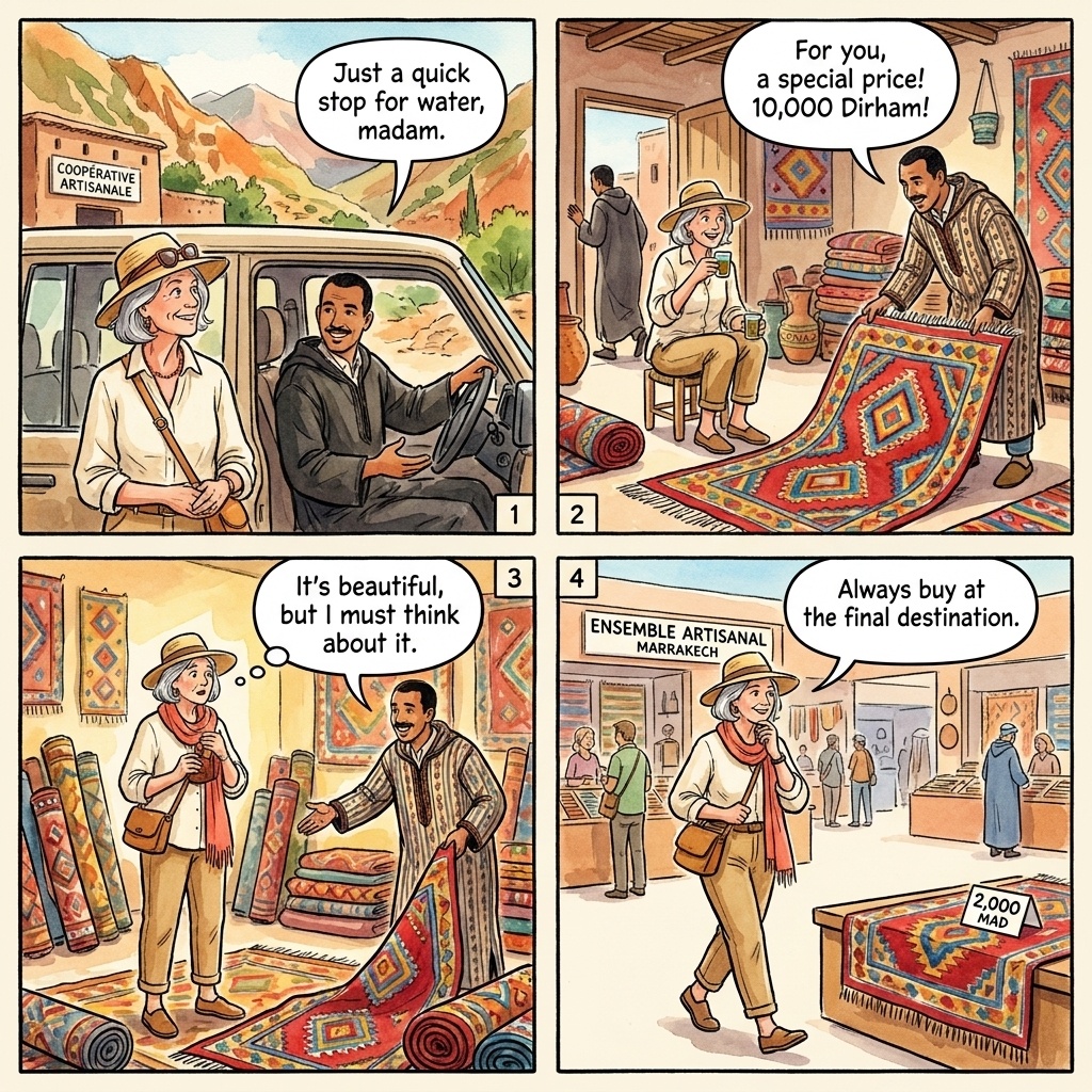 Driver-Routed Carpet Shop Detour — comic illustration