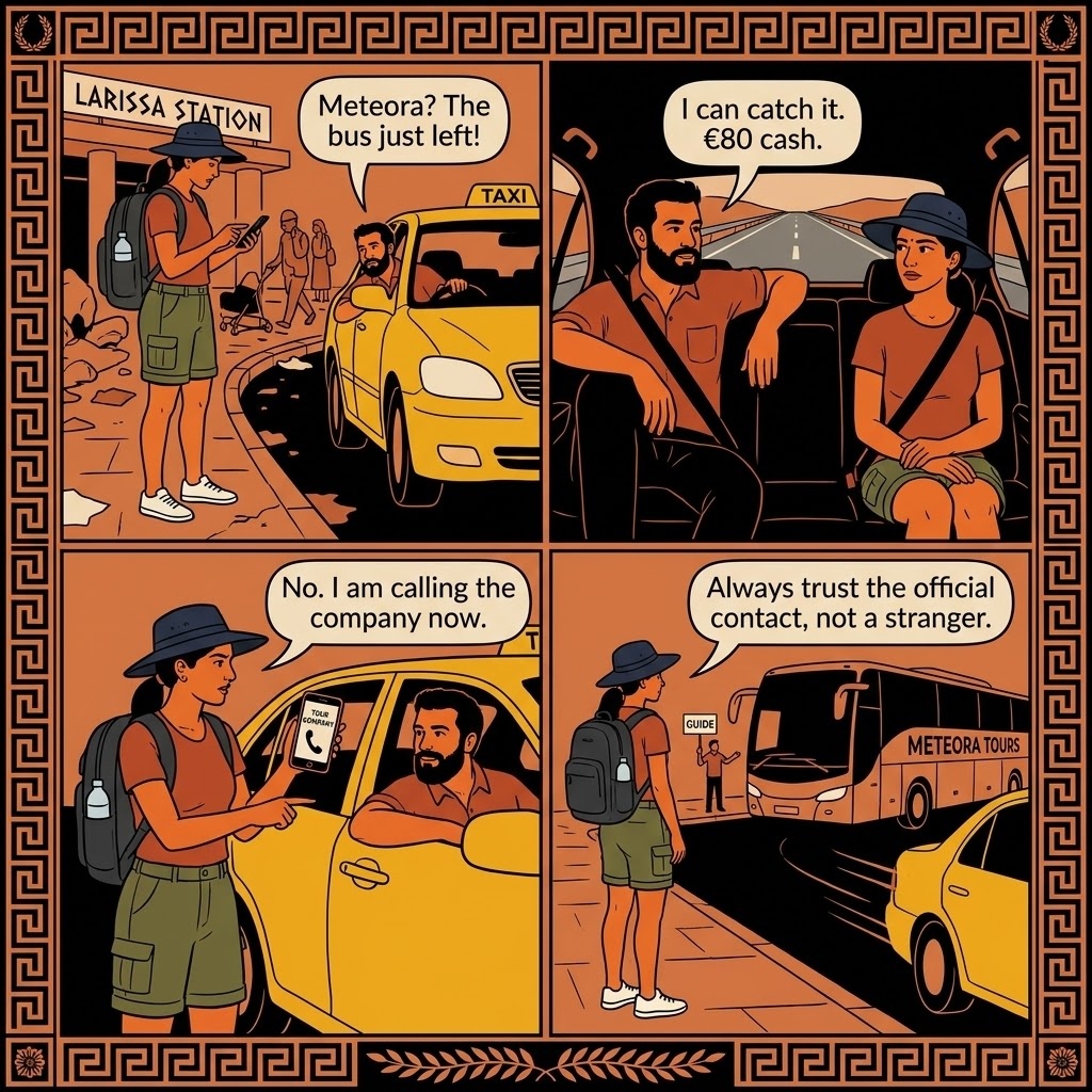 Athens Day-Trip 'Missed Bus' Taxi Shakedown — comic illustration