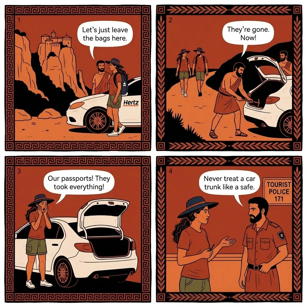 Monastery Parking Lot Rental-Car Break-In — comic illustration