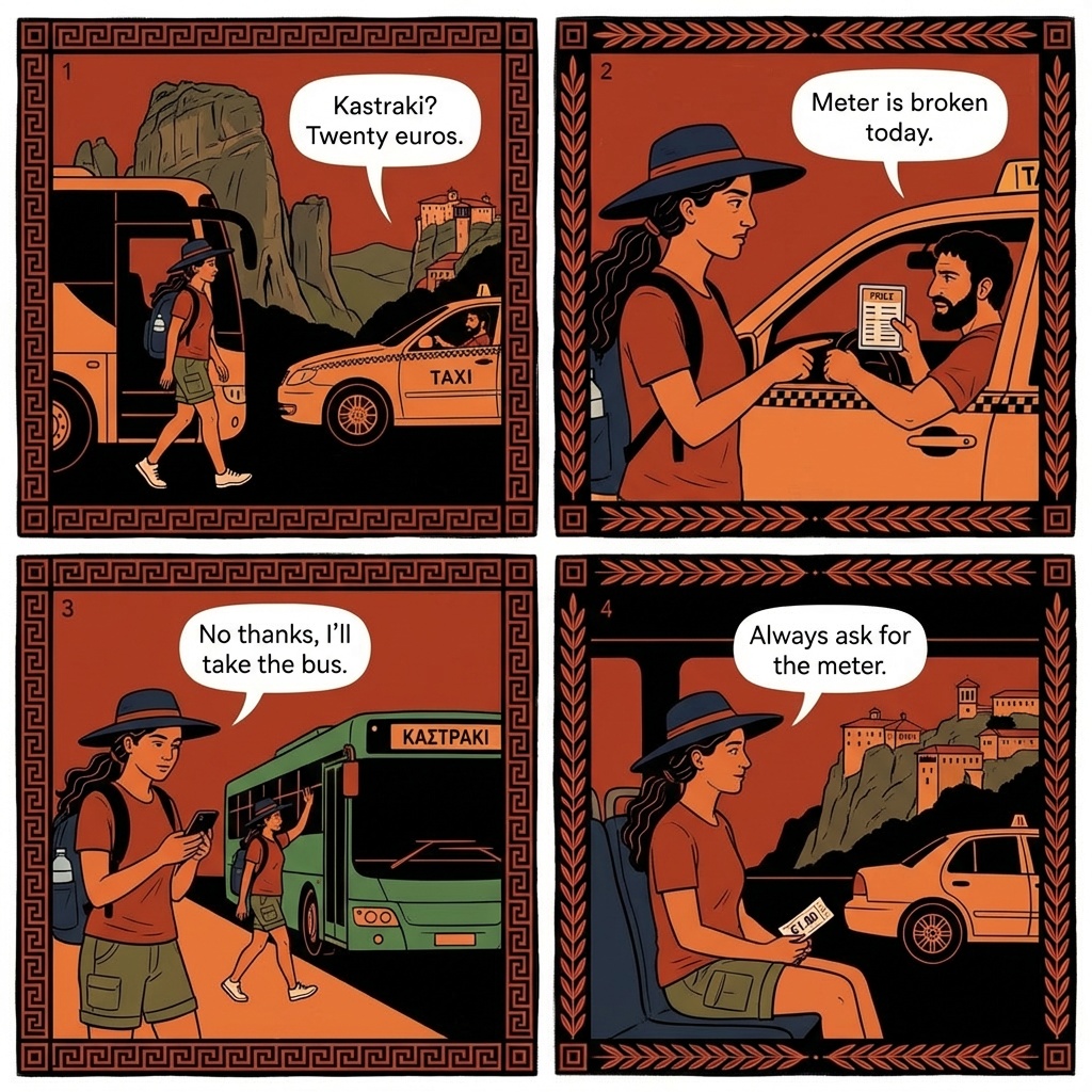 Kalambaka Station Taxi Overcharge to Kastraki — comic illustration