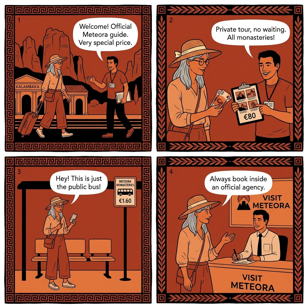 Monastery 'Private Guide' Upsell at Kalambaka Station — comic illustration