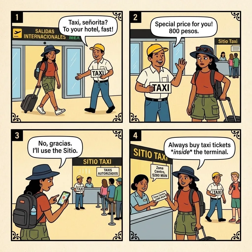 MEX 'Authorized Taxi' Overcharge — comic illustration