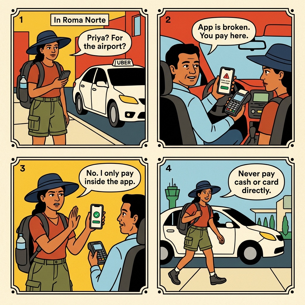 Mexico City Roma Norte phantom Airbnb listing comic, tourist with luggage being directed by host to a different apartment in a worse neighborhood