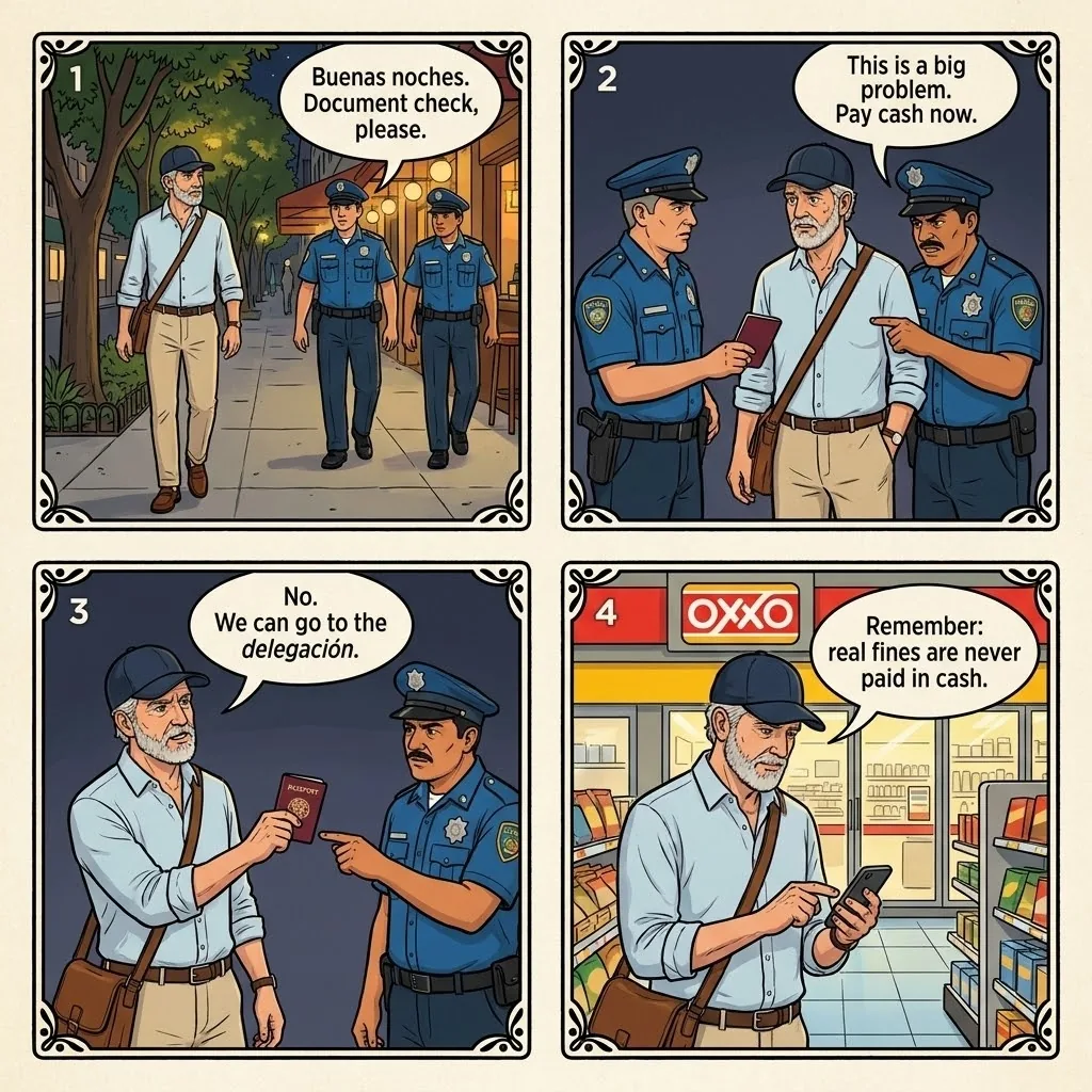 Roma Norte Police Bribe Shake-Down — comic illustration