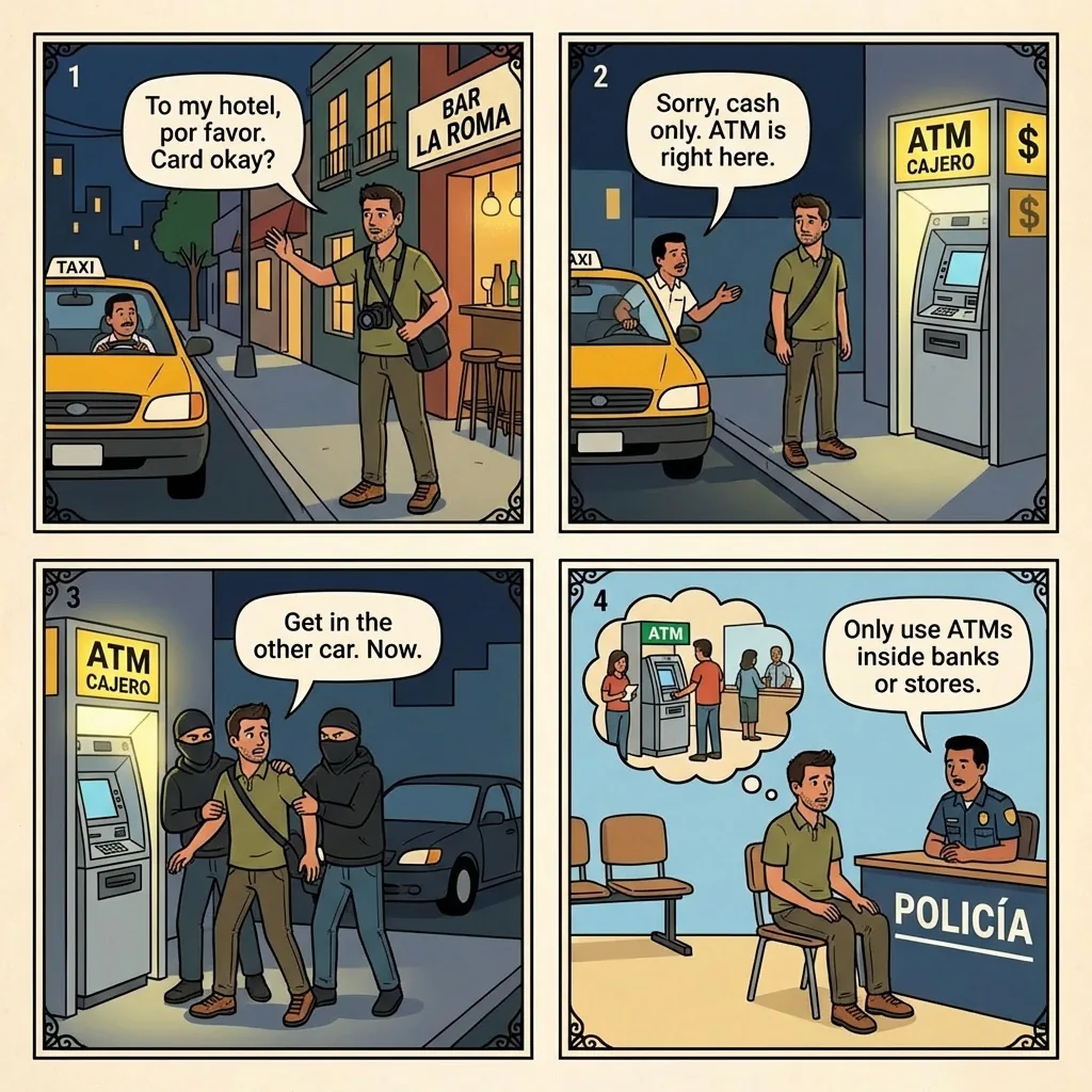 Secuestro Exprés ATM Withdrawal Trap — comic illustration