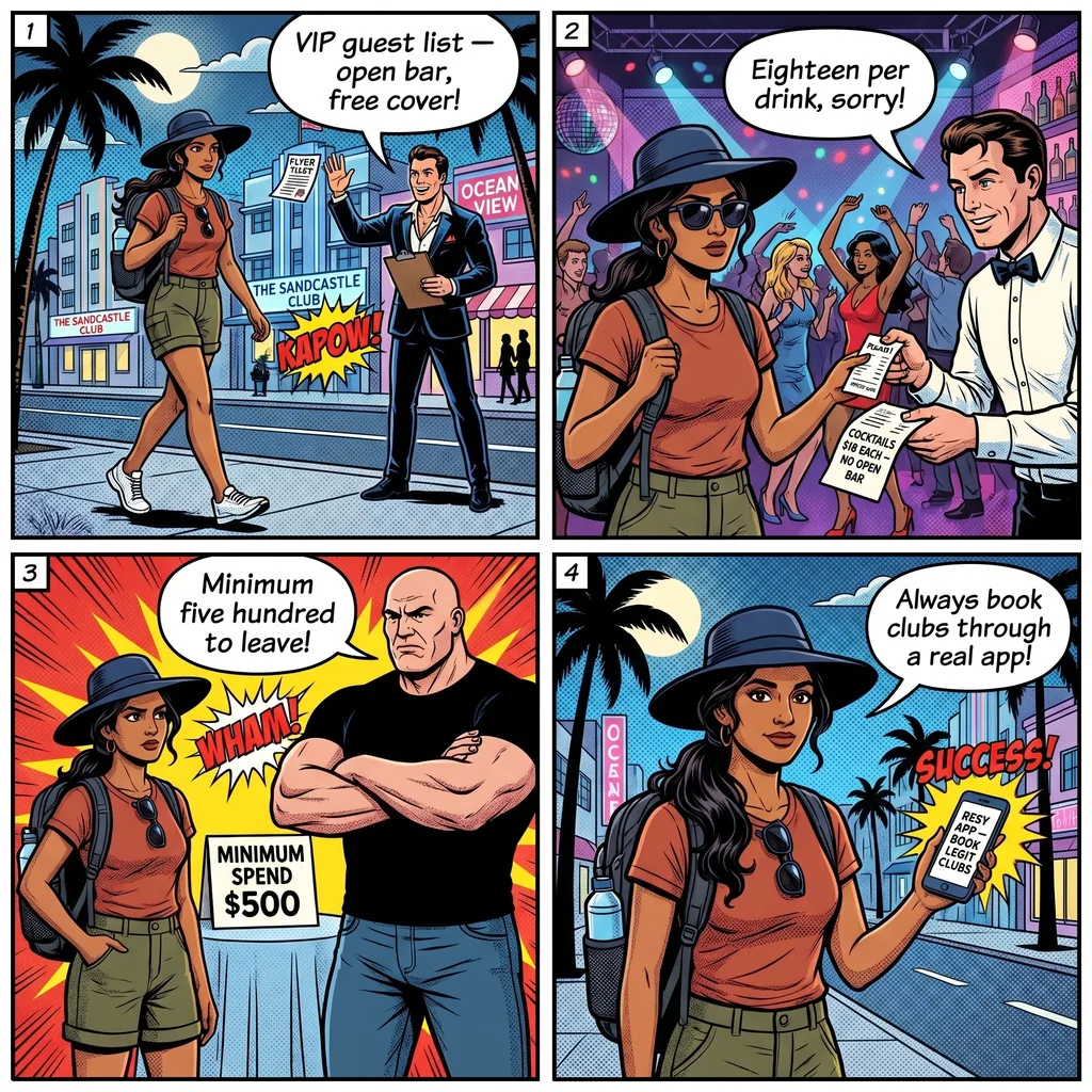South Beach Nightclub 'VIP Promoter' Bait-and-Switch — comic illustration