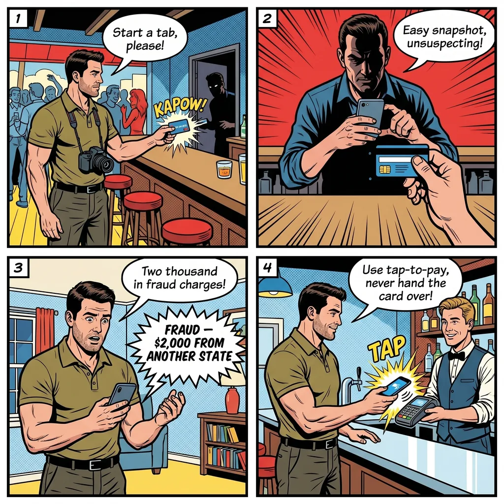 Credit Card Skimming at Beach Bars and Clubs — comic illustration