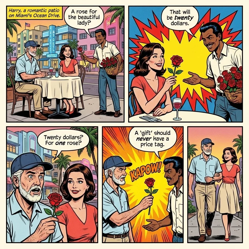 Rose / Flower Seller Guilt Trip Scam — comic illustration