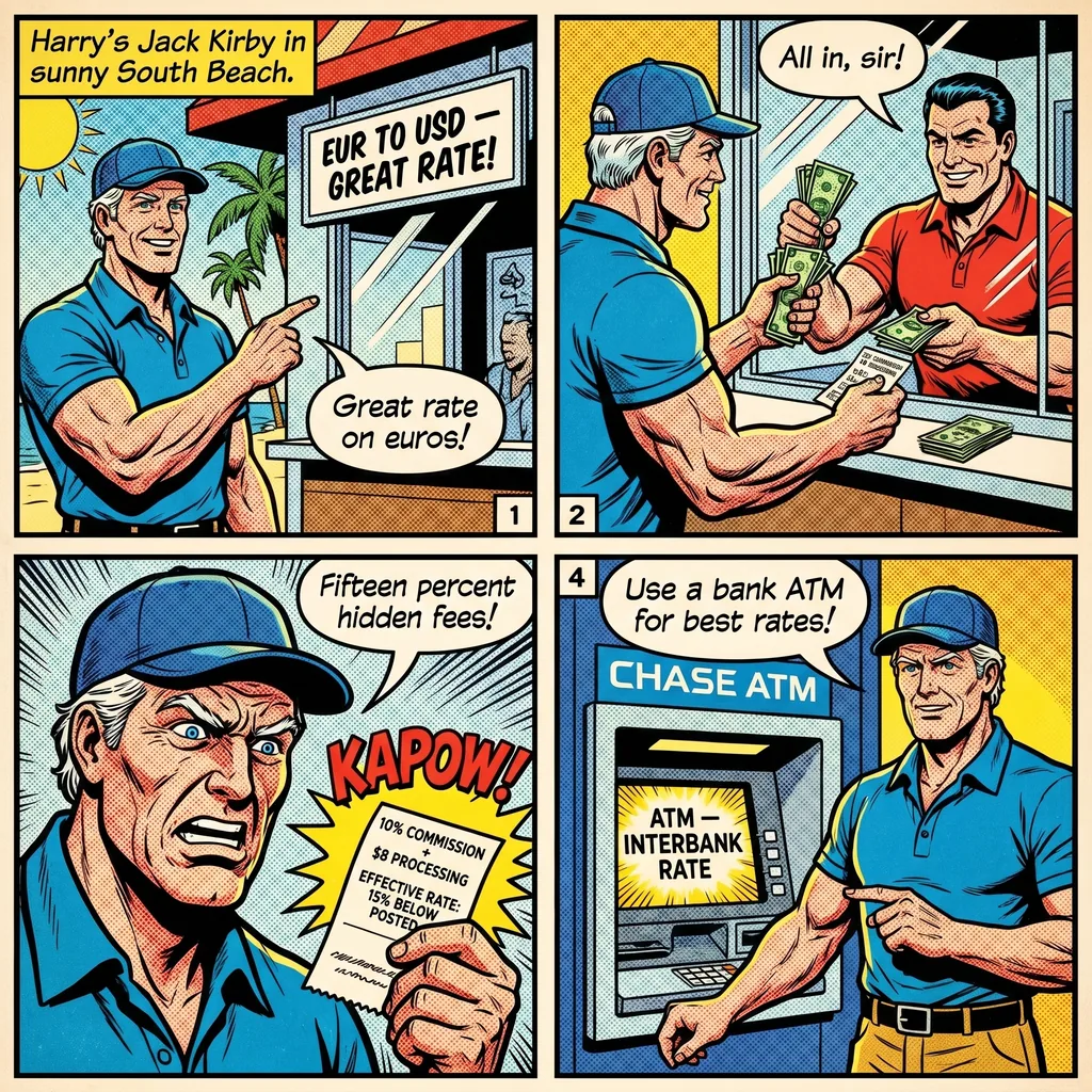Fake 'Official' Currency Exchange with Hidden Fees — comic illustration