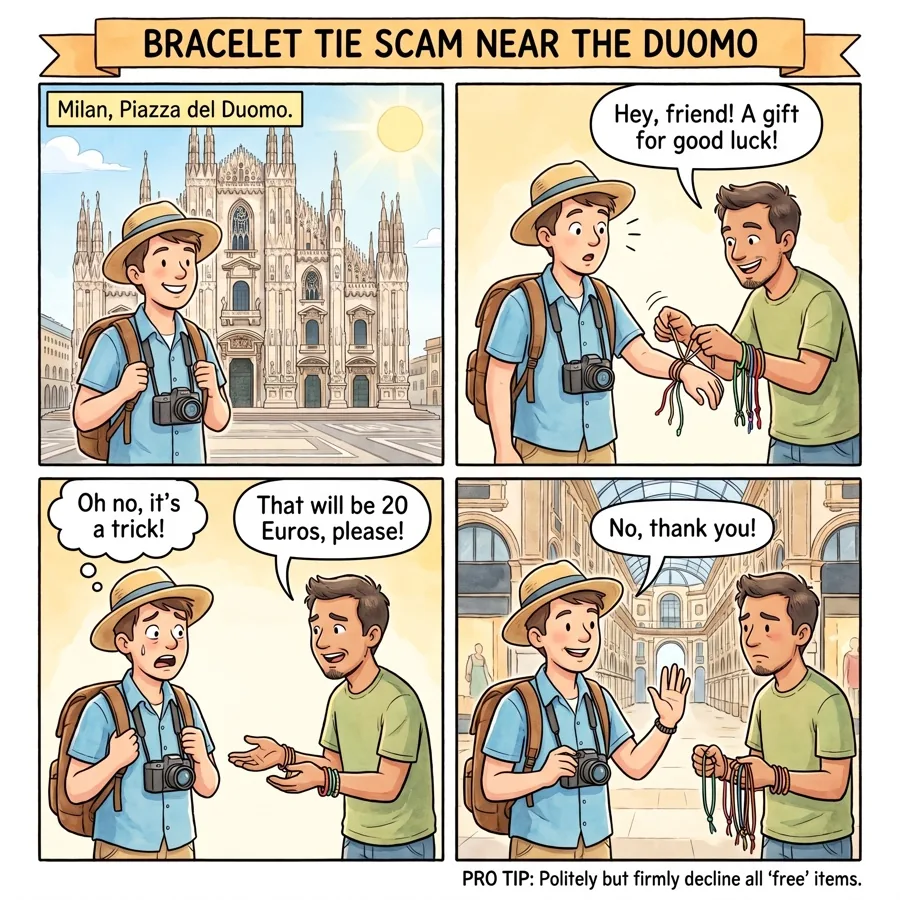 Bracelet Tie Scam near the Duomo — comic illustration