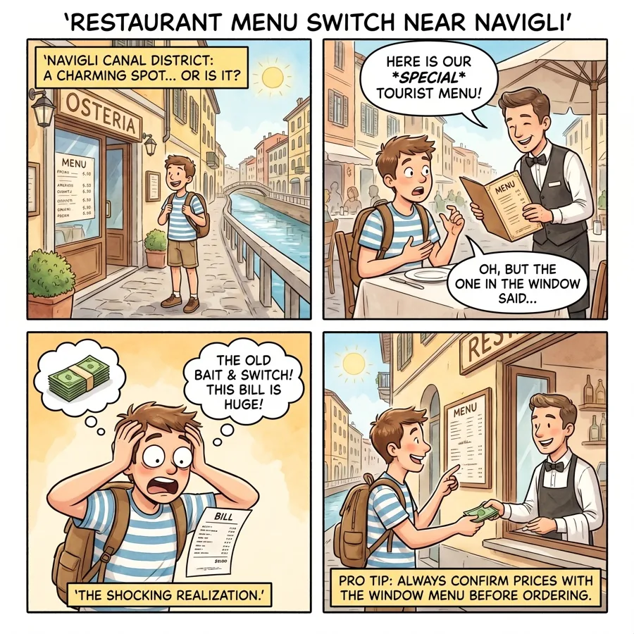 Restaurant Menu Switch near Navigli — comic illustration