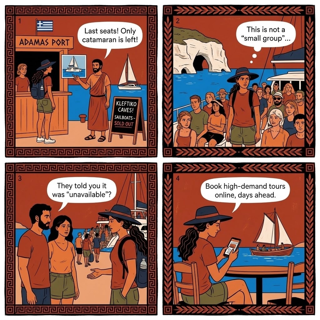 Kleftiko Boat-Tour Overcrowding and Sell-Out Pressure — comic illustration
