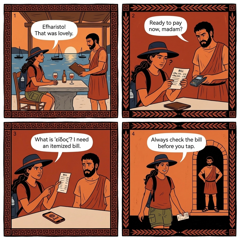 Plaka and Adamas Tourist-Menu Cover-Charge Padding — comic illustration