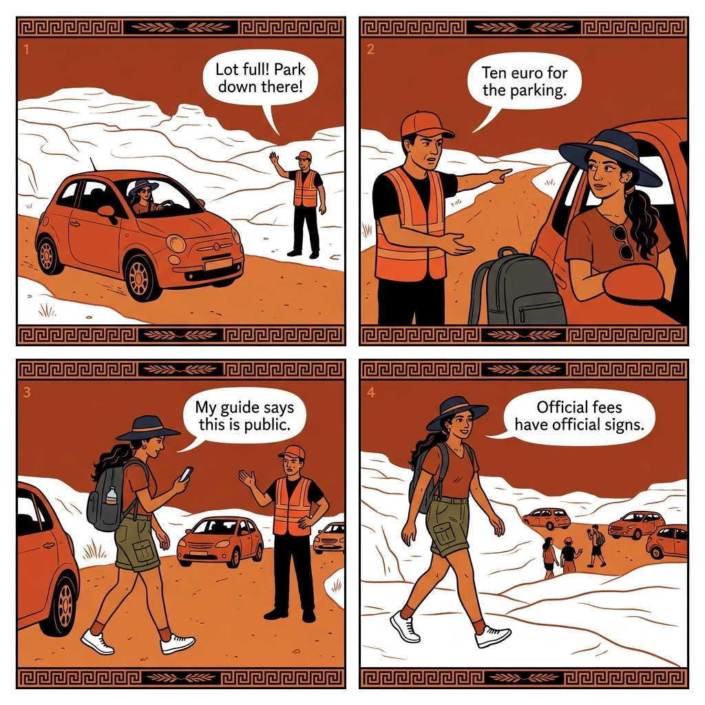 Sarakiniko Lunar-Landscape Parking Cash Solicitation — comic illustration