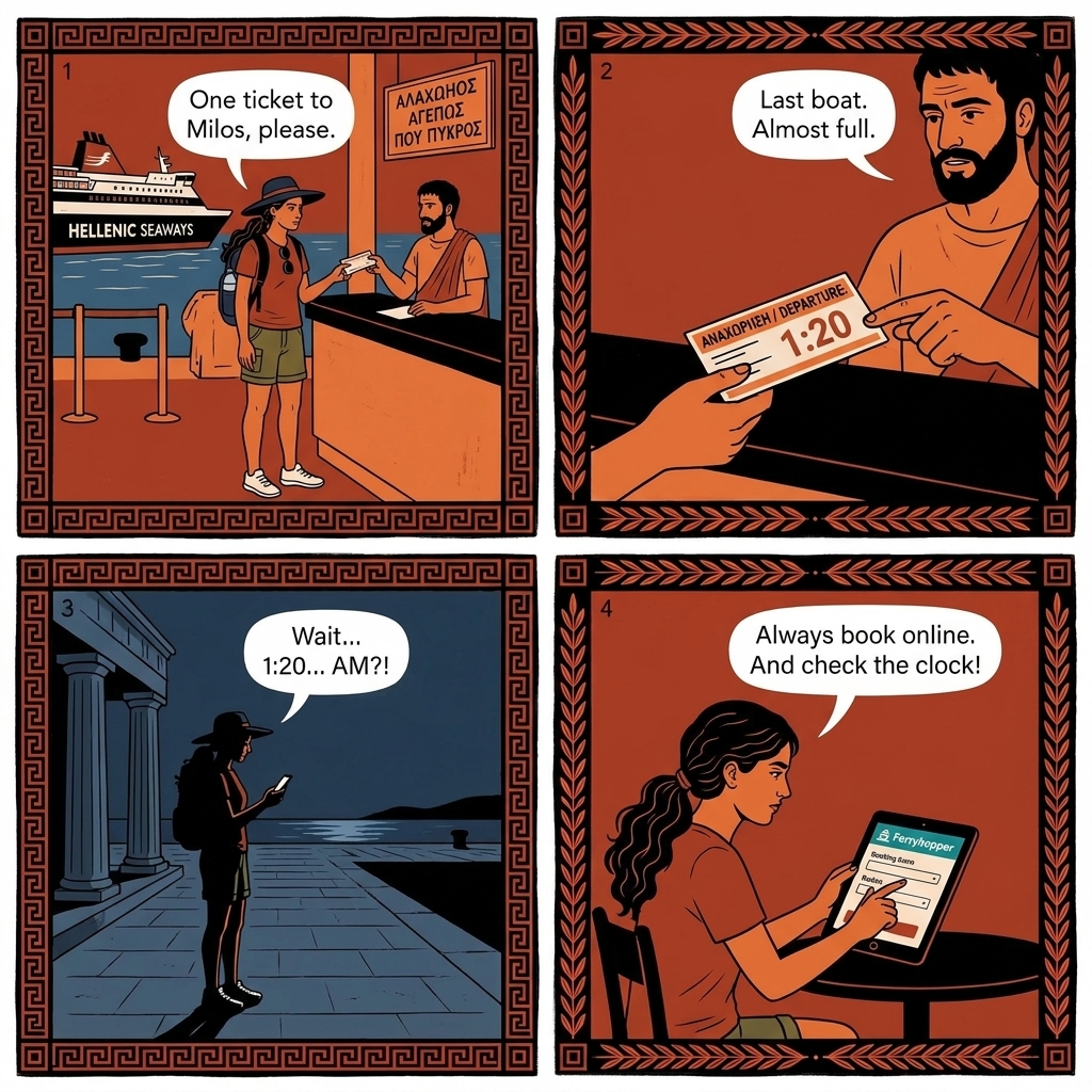 Athens-Milos Ferry Upsell and Military-Time Confusion — comic illustration