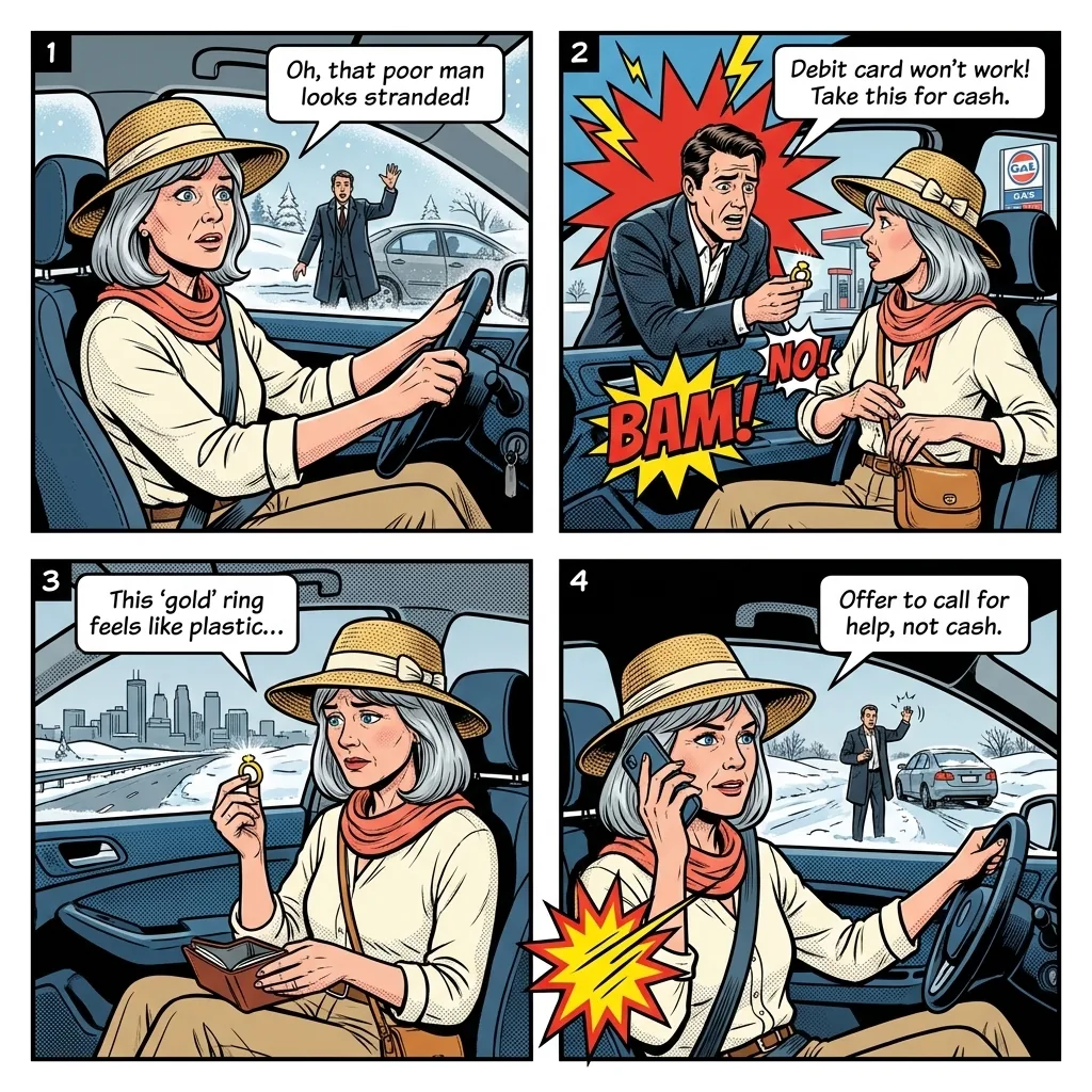 I-94 & Highway On-Ramp Fake 'Out of Gas' Ring — comic illustration