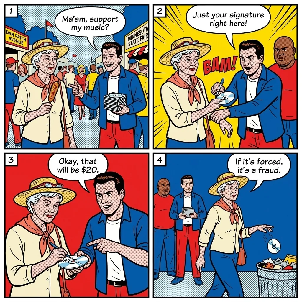 Minnesota State Fair 'CD Artist' Strongarm Sale Scam — comic illustration