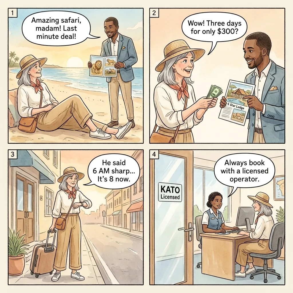 The Fake Safari Booking — comic illustration