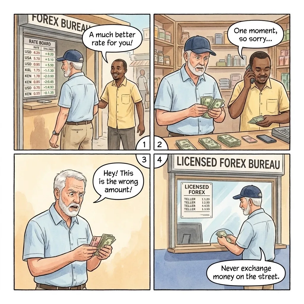 The Currency Exchange Sleight of Hand — comic illustration