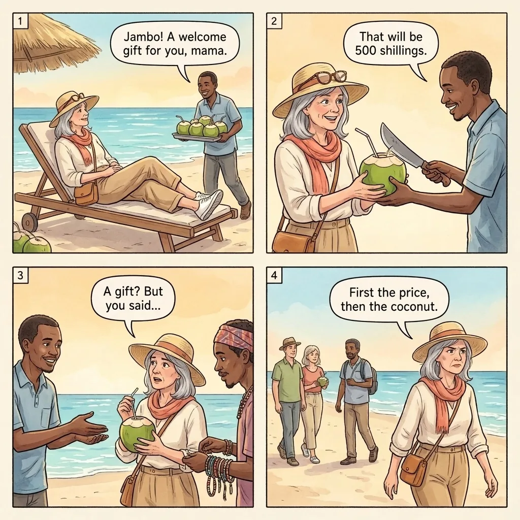 Overpriced Beach Souvenirs and Coconut Racket — comic illustration