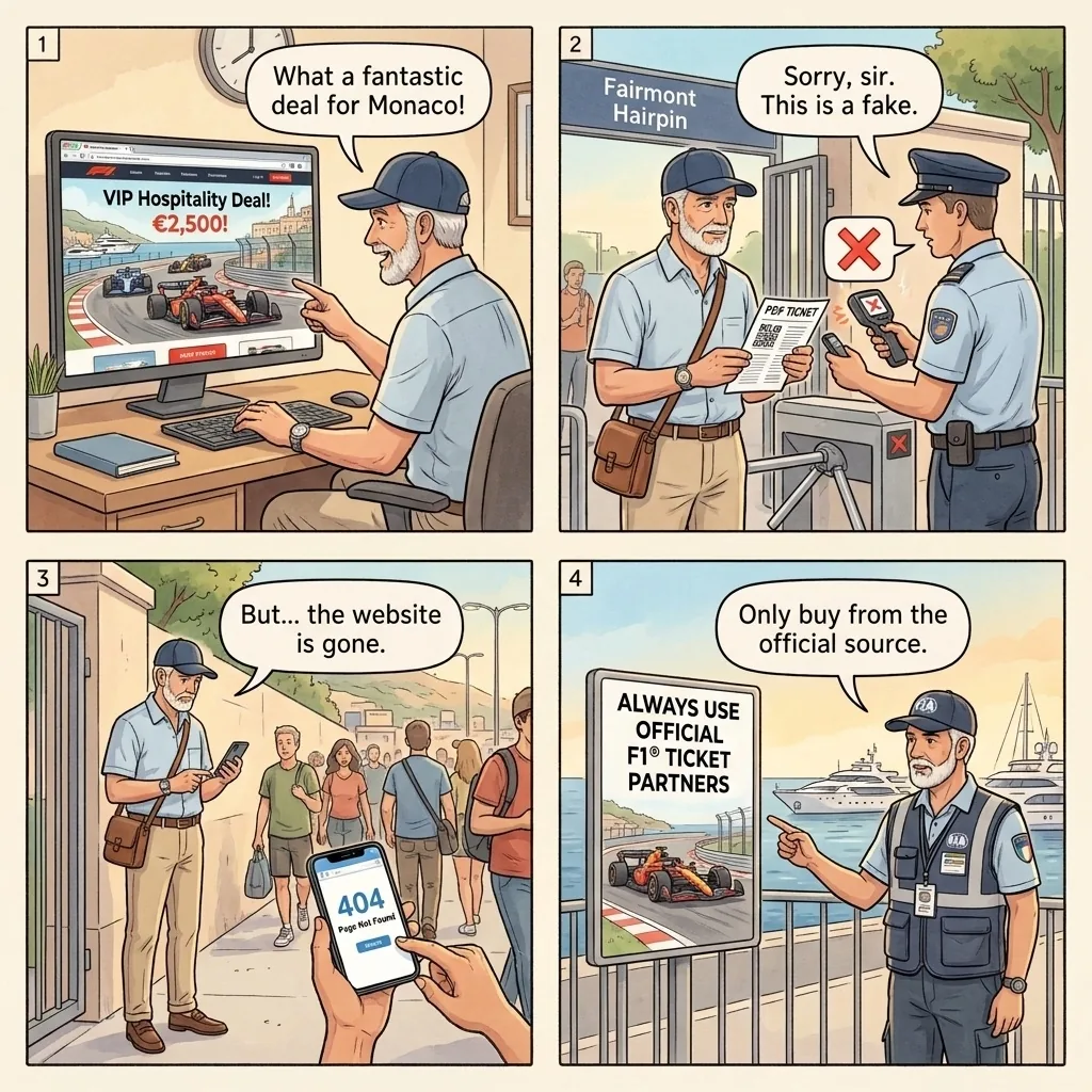 The Monaco Grand Prix Counterfeit-Ticket Vanish — comic illustration