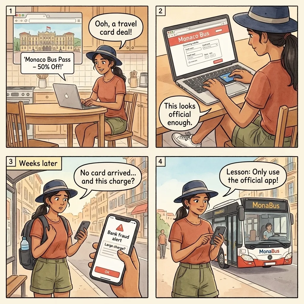 The Monaco 'Bus Travel Card' SMS Phish — comic illustration