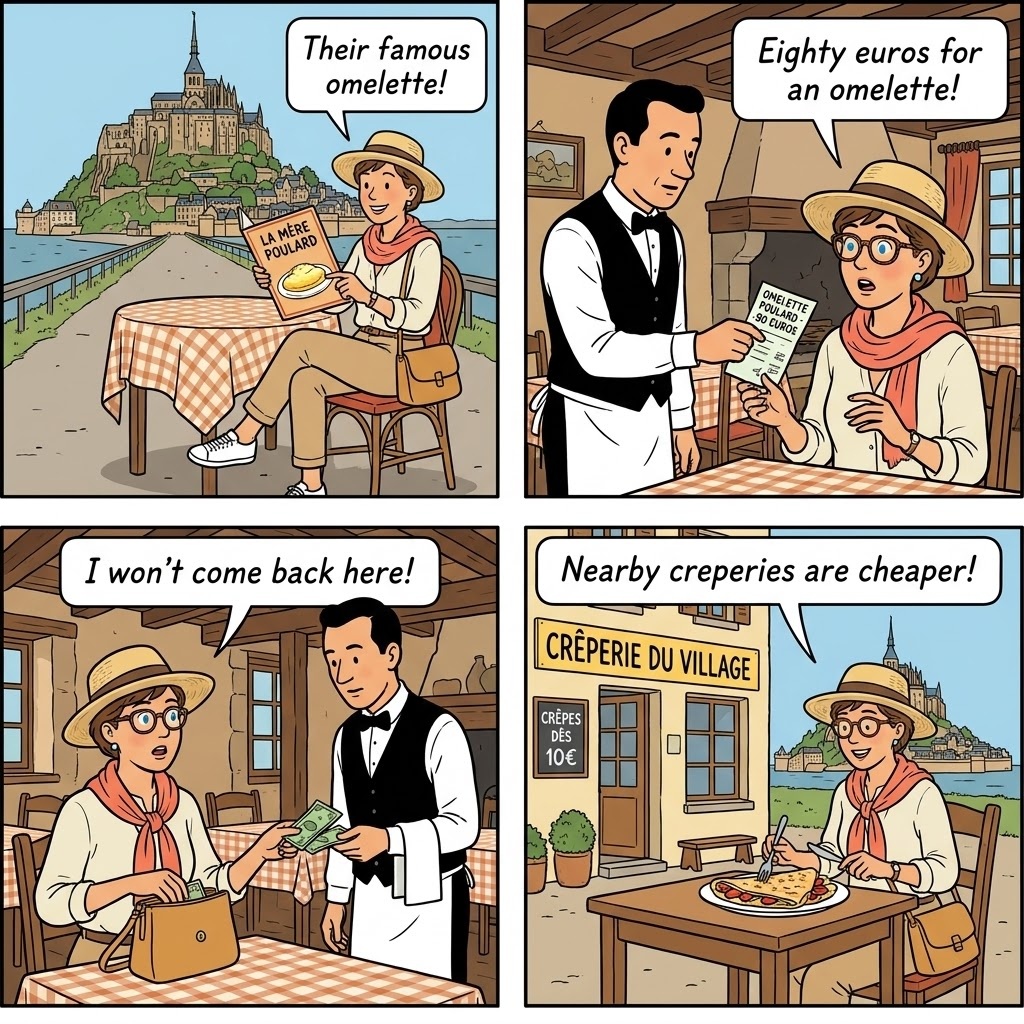 La Mere Poulard Restaurant Price Trap — comic illustration