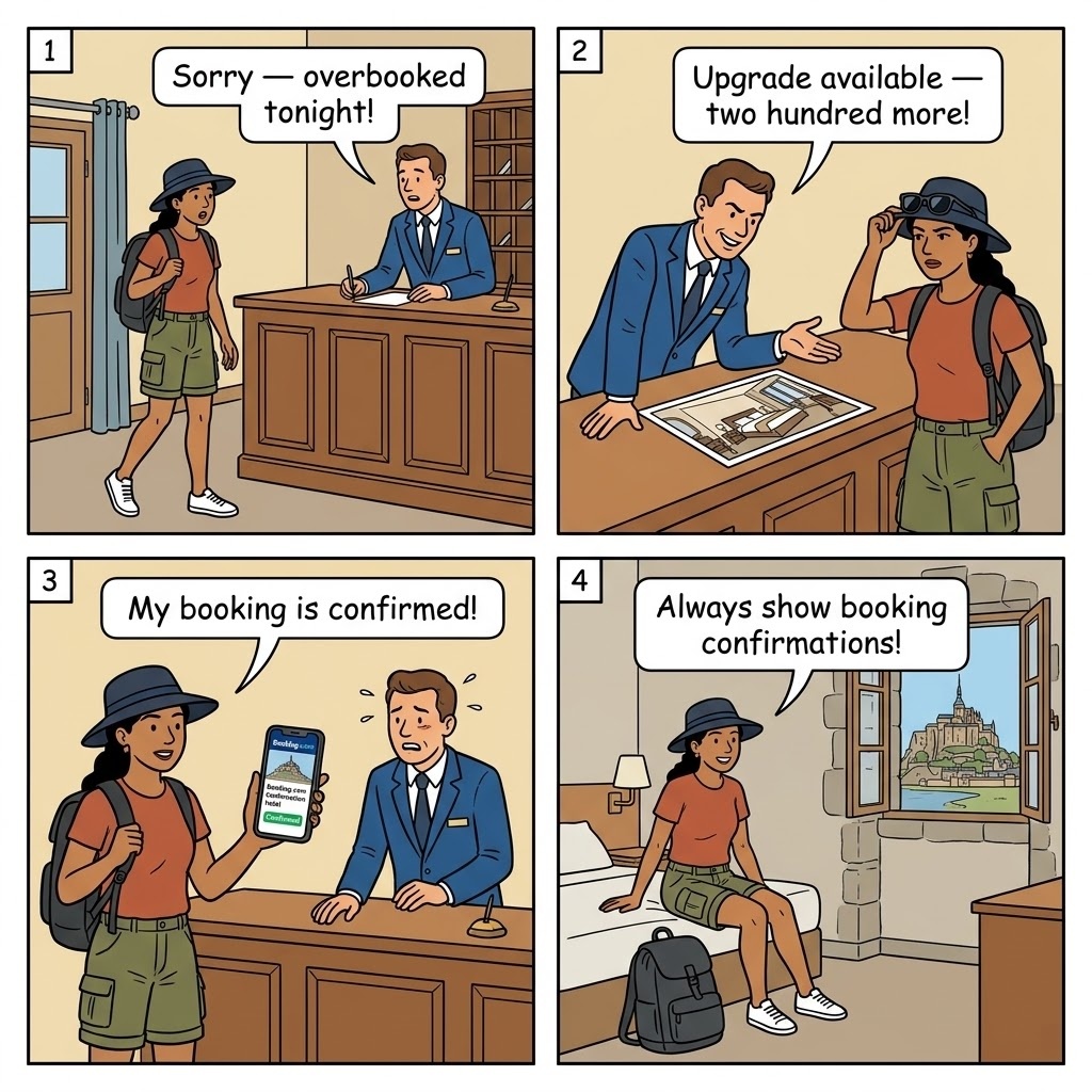 Hotel Overbooking Scam — comic illustration