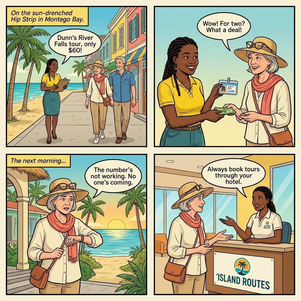 Fake Tour Operator Scam — comic illustration