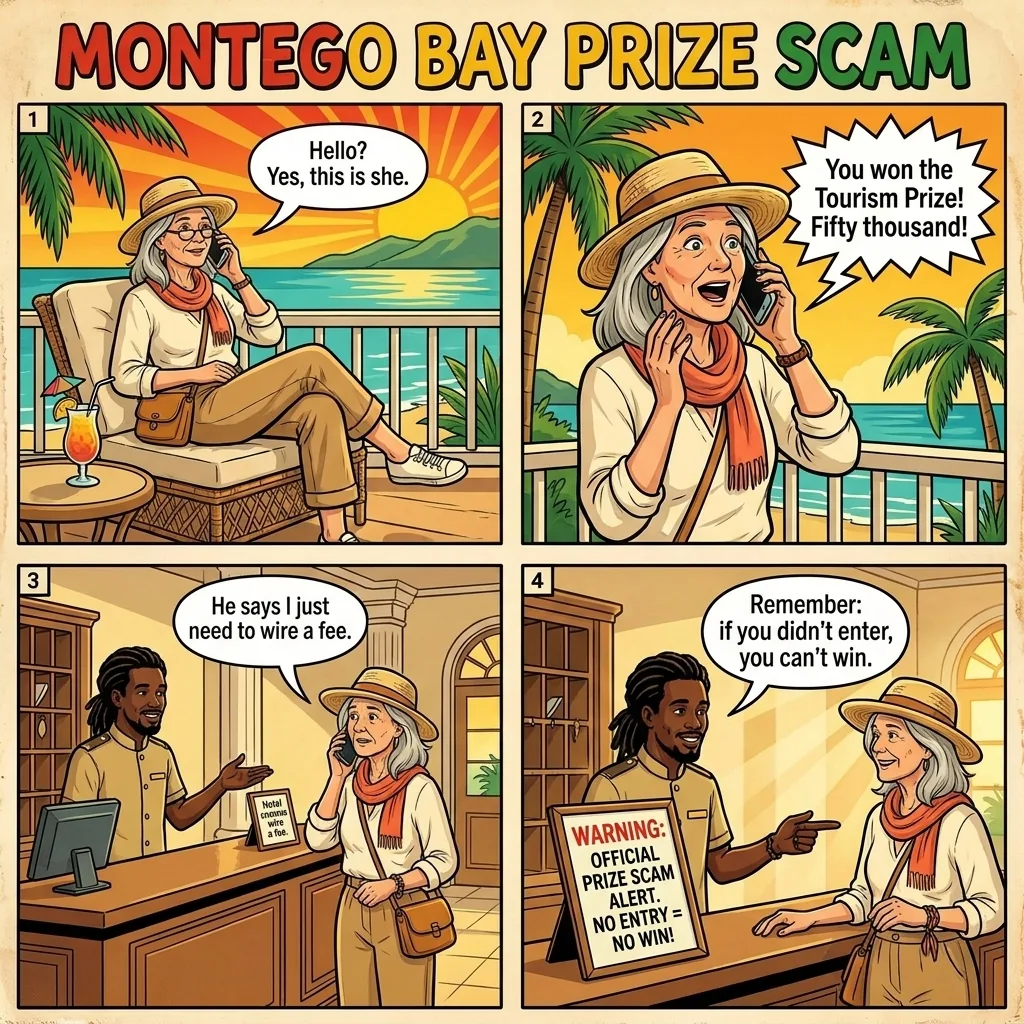 Lottery and Romance Phone Scam — comic illustration